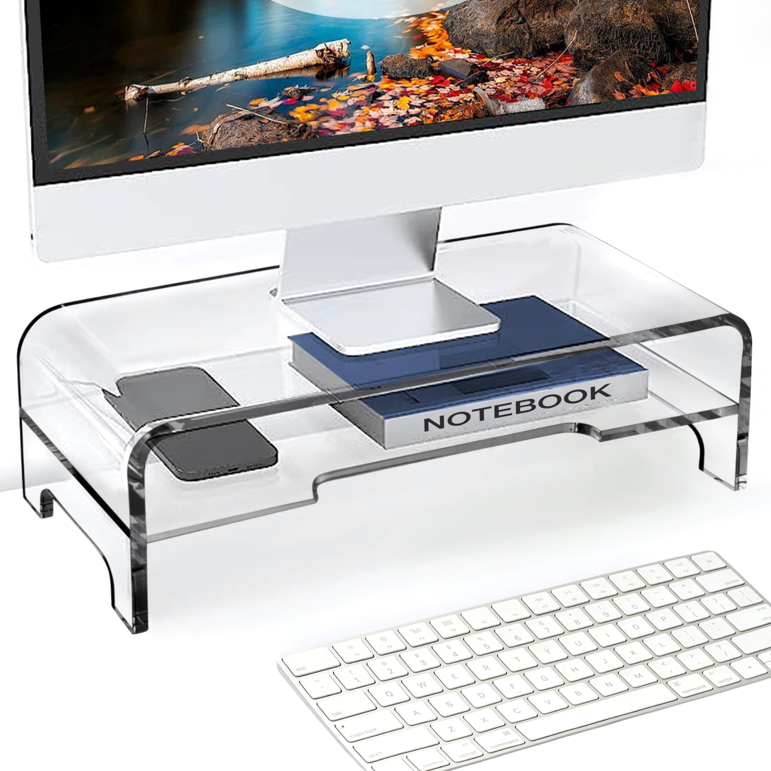 AMT 2 Tier 5.5 Inch High AMT Clear Acrylic Monitor Stand Riser Clear Computer with Cat Keyboard Protector, Space-Saving Design, Extra Storage, Clear Shelf - Ideal for Monitors, Laptops, Printers,